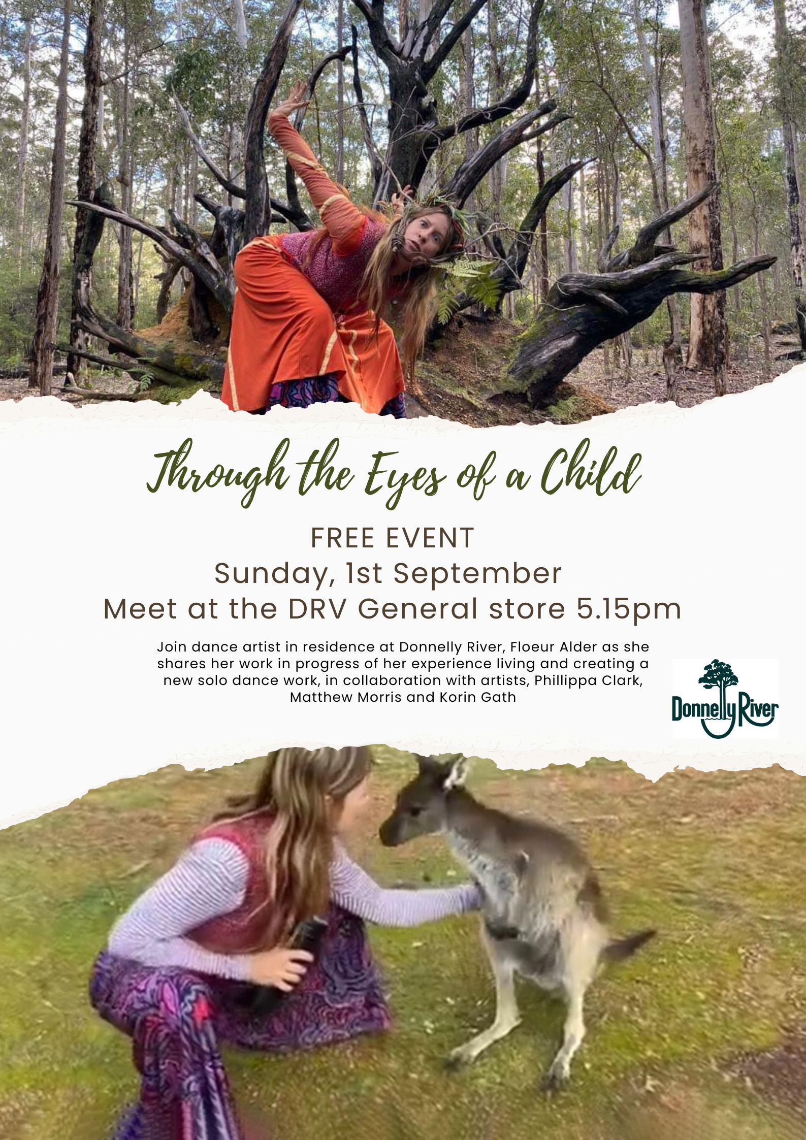 A poster with details of the dance performance by Floeur Alder, an invitation to join dance artist in residence at Donnelly River, Floeur Alder as she shares her work in progress of her experience living and creating a new solo dance work village.