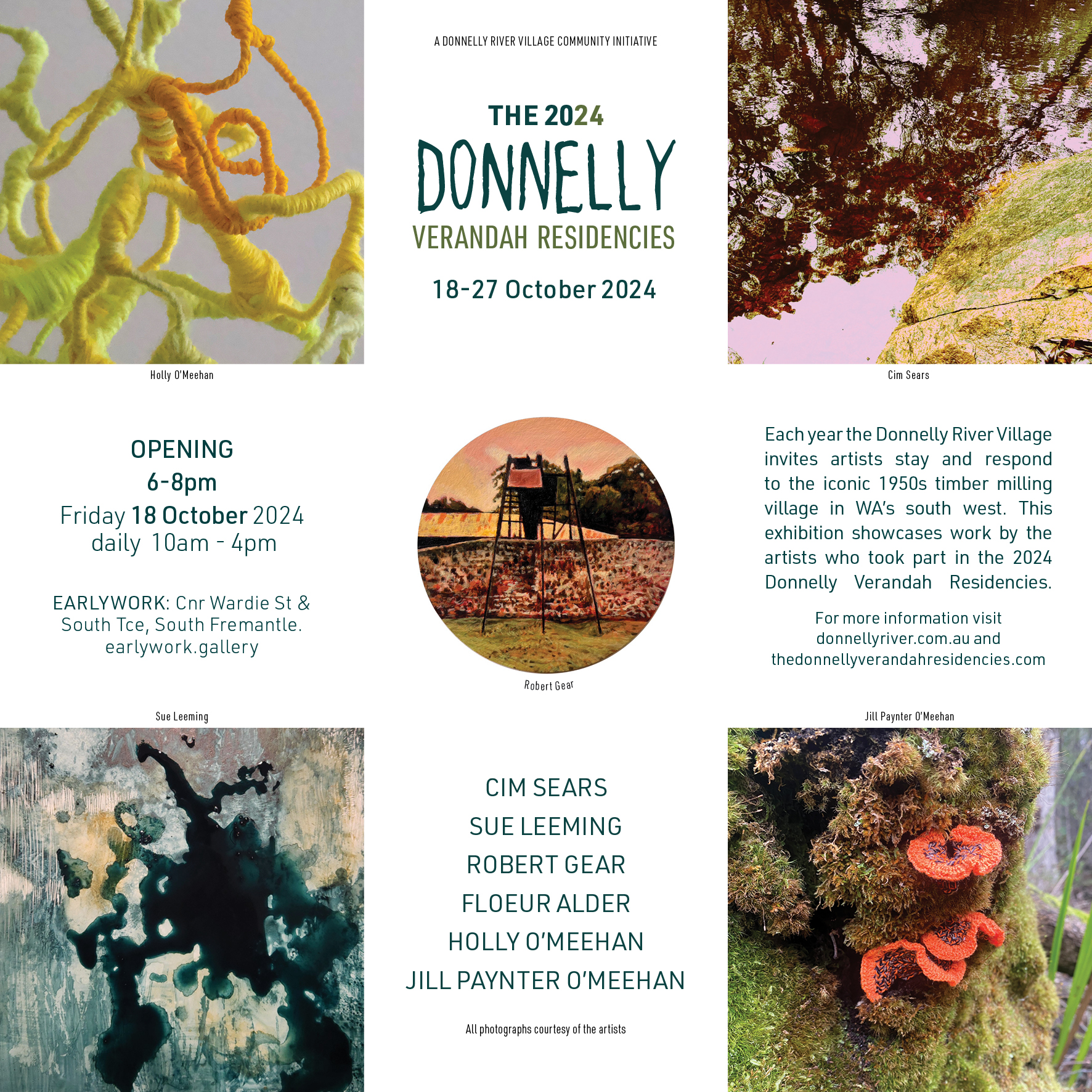 An invitation to the Donnelly Verandah Residencies exhibition at Earlywork Gallery. Opening, Friday 18 October 2024, 6:00-8:00pm. Exhibition continues 19-27 September 2024 open daily 10am - 4pm